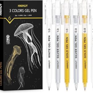 HNIHUY Gold Silver White Gel Pens- 1 mm, 0.8 mm Extra Fine Point Opaque Archival Ink Pen for Black Paper Drawing, Sketching, Illustration, Card Making, Bullet Journaling, Pack of 6