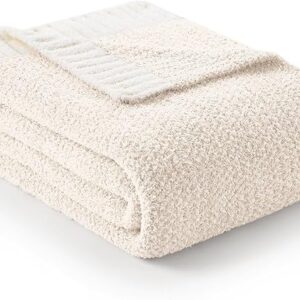 Snuggle Sac Buttery Ivory Throw Blanket for Couch, Reversible Super Soft Knitted Blankets, Warm Cozy Knit Fuzzy Plush Lightweight Throws Dupes for Sofa, Bed, Picnic, Ivory, 50 x 60 inches