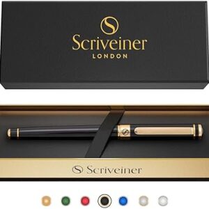 Scriveiner Black Lacquer Rollerball Pen - Stunning Luxury Pen, Real Gold Plating, Schmidt Ink Refill, Best Roller Ball Gift Set for Men & Women, Professional, Executive Office, Nice Pens