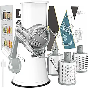 Cambom Rotary Cheese Grater Hand Crank Cheese Shredder for Fresh Cheese, Vegetable, Nuts,Non-slip Suction Base, Free Cleaning Brush Three Blades, White