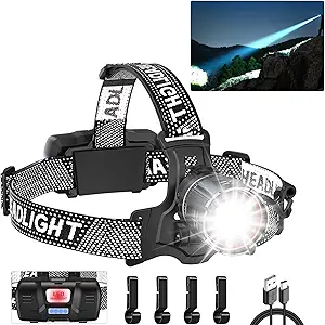 Super Bright LED Headlamp, High Lumen Rechargeable Head Lamp with Motion Sensor, 5 Modes, IPX5 Waterproof, 90° Adjustable, Zoomable Head Lights for Adults, Hard Hat, Outdoor, Camping