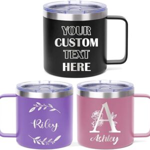 Custom Insulated Coffee Tumbler, Personalized Travel Coffee Mug with Handle and Lid, 14oz Engraved Stainless Steel Coffee Mug, Personalized Gifts for Women Men and Friends