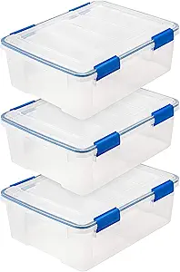 IRIS USA WeatherPro 27 Qt Storage Bins with Lids, 3 Pack, BPA-Free Plastic Gasket Box with Tight Latch and Seal, Stackable Nestable Tote Tub - Clear/Blue