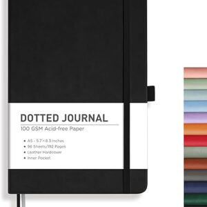 RETTACY Bullet Dotted Journal Notebook, 192 Pages, A5 Medium Size (5.7'' x 8.3''), Leather Hardcover, 100 GSM Thick Paper, for Bullet Journaling, Planning, Tracking (Black)