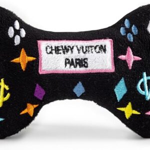 Haute Diggity Dog Black Monogram Chewy Vuiton Bone, Plush Designer Dog Toys with Interactive Squeaker, Stimulating Pet Enrichment, Machine-Washable & Safe Materials for All Breeds, Size Small