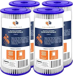 Aquaboon 5 Micron Pleated Sediment Water Filter 10 x 4.5 Cartridge - Whole House Water Filter Replacement - Whole House Water Filters Cartridges Compatible with Well Filters FXHSC, R50-BBSA, 4-Pack