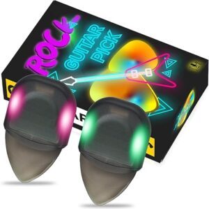 Auto Glowing Illuminated Guitar Picks for Acoustic, Electric and Bass,Guitar Accessories Gift for Guitar Players Guitarists, Replaceable Battery, Medium, with Case (Green and Purple)