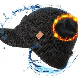 TOP-EX Waterproof Visor Beanie Hat for Men Winter Knit Skull Stocking Cap with Brim Women, Merino Wool & Fleece Lined Headwear Cold Weather Black XL/XXL X-Large Extra Large Big Head Oversize