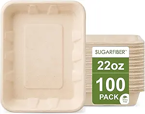 [100 COUNT]Sugarfiber by Harvest Pack 22 oz PFAS FREE Disposable Food Trays, Disposable Food Container Bagasse Serving Trays, Rectangle, Made from Sugarcane Eco-Friendly Plant Fibers, No Lids included