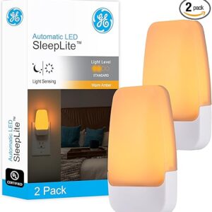 GE SleepLite LED Night Light, Plug-in, Dusk to Dawn Sensor, Amber, Sleeplite, Sunset, Ambient Lighting, Ideal Nightlight for Kids Adults Bedroom, Bathroom, Nursery, Hallway, Kitchen, 76135, 2 Pack