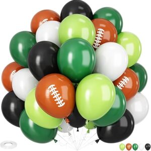 Football Balloons, 12 Inch Football Party Balloons, Dark Green and Black Balloons White and Brown Football Printed Latex Balloos for Boys Birthday Touch Down Rugby Sport Theme Party Decor