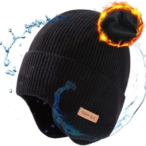 TOP-EX Oversized XL XXL Mens 50% Merino Wool Ear Flap Fleece Lined Cold Weather Ski Running Beanies Hats Big Hat