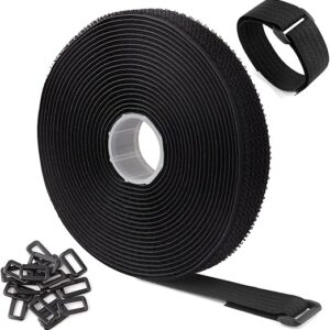 16Ft x 1In Adjustable Cable Straps with 25 Buckles, Free Cut Length, Black Reusable Fastening Cable Ties, Hook and Loop Securing Strap for Cable Tidy, Wire Management, Cord Organiser, Black