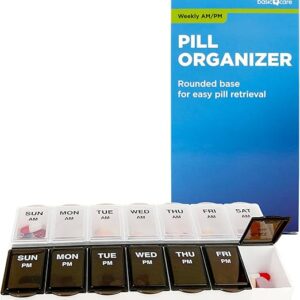 Amazon Basic Care (7-Day) AM/PM Pill Organizer, Vitamin Case, And Medicine Box, Large Compartments, 2 Times a Day, Black and Clear Lids