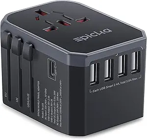 EPICKA Universal Travel Adapter, European Travel Plug Adapter (Not a Voltage Converter) - International Power Adapter Worldwide Charger with USB-C & 4 USB-A Ports, Travel Essentials (TA-105, Grey)