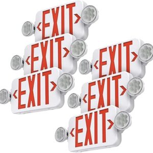 Red Led Exit Sign Emergency Light Combo Adjustable Two Head, Double Sided and Battery Backup Exit Light, Contractor Select, AC 120/277V (6 Pack)