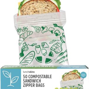 Lunchskins Ziptop BPI Certified Compostable & Resealable Freezer-Safe Food Storage Bags, Sandwich Size, 50 Bags - Eco-Friendly, Made Without PFAS and BPA