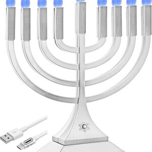 Zion Judaica 9" LED Hanukkah Menorah Silver Powered by Batteries or Included 3' USB C Cable Flameless Chanukkah Candleholder USB Electric Minorah Bulbs Chanukah Decoration Lights Hanukkiah
