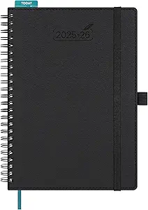 BEZEND Planner 2025-2026 Weekly and Monthly, 5.8" x 8.5" Academic Calendar (Jul 25-Dec 26) Vertical Daily Appointment with Hourly Timeslot & Monthly Tab, Spiral, PU Leather Softcover - Black