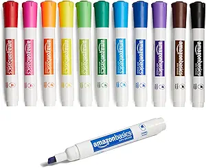 Amazon Basics Dry Erase Markers For Whiteboards, Chisel Tip, Low-Odor, Assorted Colors, Pack of 12