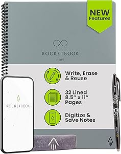 Rocketbook New Core Reusable Spiral Notebook, Letter Size 8.5x11, Gray - Lined Pages, App-Connected, Erasable, Durable Cover, Ideal for School, Work, and Creative Projects