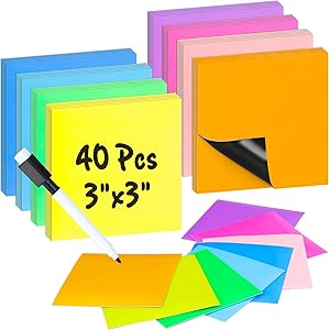 40 Pcs 3" x 3" Reusable Magnetic Sticky Notes Dry Erase Magnet Sheets Set, Easy to Post Labels with Marker for Whiteboard, Multicolor Stickers for White Board, Fridge, Locker