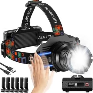 Rechargeable Headlamp Super Bright, 3000LM Motion Sensor Head Lamp with 9 Modes, Zoomable Headlamp for Adults 90° Adjustable, IPX7 Waterproof High Power Head Light for Fishing Camping