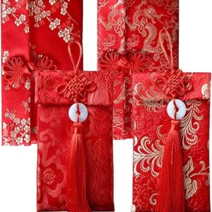 4 Pcs Silk Red Envelopes Lucky Money Pockets Hongbao Chinese Element Invitation Envelop for Wedding, New Year, Spring Festival