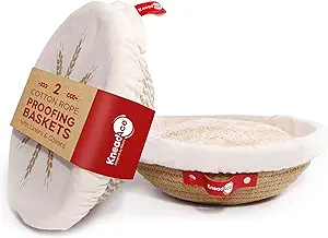 Cotton Rope Banneton Bread Proofing Basket Set, 2 x Round Bread Basket with Liners & Covers for Artisan Bread Baking, Sourdough Bread Baking Supplies