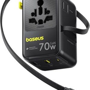 Baseus 70W Universal Travel Adapter with Retractable Cable, 6-in-1 International Plug Adapter, USB-C PD Fast Charging Worldwide Wall Charger for USA/EU/UK/AUS and Over 200 Countries - Enercore CG11