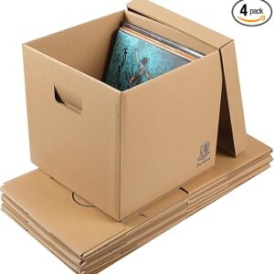 Vinyl Record Storage Box - Moving Box with Handles and Lids - Sturdy Cardboard Crate for Vinyl storage - Holds Up to 60 Records or LPs - Set of 4 Boxes (Kraft)