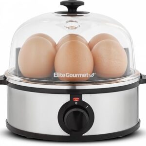 Elite Gourmet EGC724SS Easy Electric Poacher, Omelet Eggs & Soft, Medium, Hard-Boiled Egg Boiler Cooker with Auto Shut-Off and Buzzer, Measuring Cup Included, BPA Free, 7, Stainless Steel