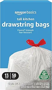 Amazon Basics 13 Gallon Flextra Strength Tall Kitchen Drawstring Trash Bags, Tear Resistant, 10% Post Consumer Recycled, 50 Count