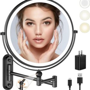 9" Wall Mounted Makeup Lighted Mirror, 4000mAh Rechargeable Double Sided LED Vanity Mirror with Height Adjustable&1X/10X Magnification, 3 Color Lights Touch Screen Dimmable 360°Swivel Bathroom Mirror