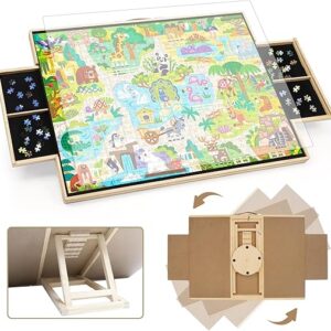 2-in-1 Tilting & Rotating Puzzle Board 1500 Pieces, Wooden Jigsaw Puzzle Table with Drawers & Protective Cover, 35"×27" Portable Puzzle Board with Upgraded Lazy Susan for Adults & Kids, Gift for Mum