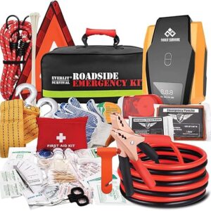 Everlit Survival Car Emergency Kit, Roadside Safety Tool Kit with Gloves,Digital Auto Air Compressor Tire Inflator, First Aid Kit, 12 Feet Jumper Cable, Tow Strap, Flashlight for Women, Men, Teenagers