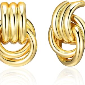 Chunky Gold Knot Earrings for Women, Gold Silver Statement Geometric Drop Dangle Long Link Earrings Trendy Dupes Jewelry