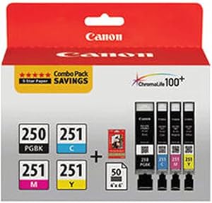 Canon PGI-250/CLI-251 Genuine Combo Pack with 50 Photo Paper Sheets, Compatible with iP7220 & MG5420, MX922, MG7120, MG6420, MG5520, iX6820, iP8720, MG7520, MG6620, and MG5620 (Optional) Printers