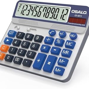 Desktop Calculator Extra Large 5in LCD Display 12-Digit Big Button Giant Accounting Calculator, Battery & Solar Powered, for Office Business & Home(OS-6815)