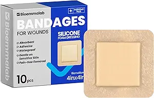 Large Waterproof Bandages 4x4 Silicone Foam Dressing for Sensitive Skin Wound Care, Adhesive Cohesive Pad with Border for First Aid, 10 Packs, Post Surgical and Trauma Care, Burn, HSA FSA Eligible