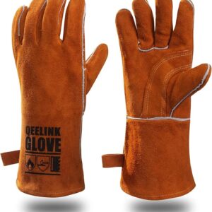 QeeLink Welding Gloves - Heat Resistant Leather and Fireproof Stitching for Fireplace Fire Pit Wood Stove BBQ Gardening Gear