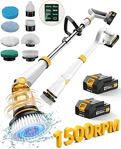 Qimedo Electric Spin Scrubber with Two Batteries Q2 Pro,1500 RPM High Power Electric Scrubber for Cleaning,Shower Cordless Cleaning Brush with Display for Tub/Tile/Floor (Effortless Handle/8 Brushes)