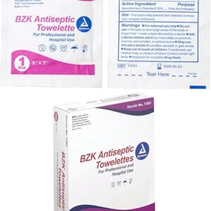 Dynarex BZK Antiseptic Towelettes, Moist Sanitizing Towelettes Designed to Prevent Infection in Minor Wounds, 5x7, Disposable & Individually Wrapped, 1 Box of 100 (Packaging May Vary)