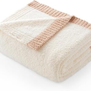 Snuggle Sac Ultra Soft Throw Blanket for Couch Bed Sofa 50x60 inches, Reversible Cream Blanket Microfiber Fluffy Fuzzy Cozy Knit Throws for Women Mothers Birthday Gifts