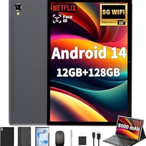 Android 14 Tablet with Keyboard - 10 inch Tablet, 12GB RAM, 128GB ROM (1TB Expand), 5G/2.4G WiFi, 8000mAh, BT 5.0, GMS Certified, with Mouse, Case, Stylus, Support Split screen, Face ID(Black)