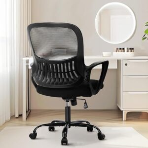 Sweetcrispy Office Computer Desk Managerial Executive Chair, Ergonomic Mid-Back Mesh Rolling Work Swivel Chairs with Wheels, Comfortable Lumbar Support, Comfy Arms for Home,Bedroom,Study,Student,Black