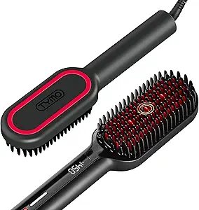 TYMO Hair Straightener Brush - Upgraded Ionic Plus Straightening Brush with Dense Bristles, 16 Temps, Dual Voltage | Ceramic Hot Comb for Women | Flat Iron for Thick Curly Hair, Black