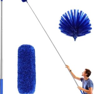 Cobweb Duster with Extension Pole, Washable Cleaning Duster Kit with 2 Duster Heads, Cobweb Duster, Corner Brush, 15-100 Inch Long Aluminum Telescoping Pole for Ceiling Fan (Blue)