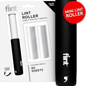 Flint Classic Black Retractable Mini Lint Roller with 90 Extra Sticky Sheets, Small and Portable Lint Roller, Ideal Pet Hair Remover, Travel Lint Rollers for pet Hair Extra Sticky