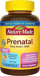 Nature Made Prenatal with Folic Acid + DHA, Prenatal Vitamin and Mineral Supplement for Daily Nutritional Support, 110 Softgels, 110 Day Supply